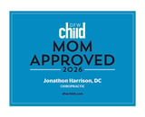DFW Child Mom Approved 2026 badge for Jonathon Harrison, DC Chiropractic