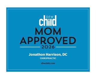 DFW Child Mom Approved 2026 badge for Jonathon Harrison, DC Chiropractic